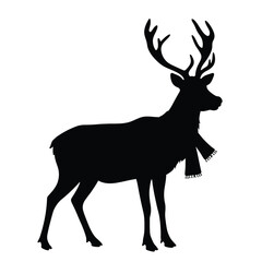 Black Silhouette Of Standing Reindeer With Scarf Isolated On White Background