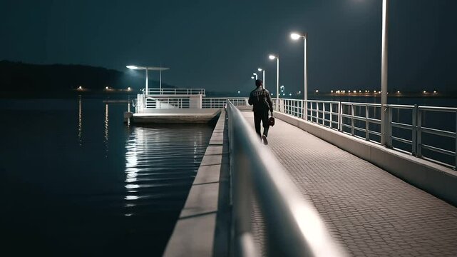 Dock Security Patrol at Night with Flashlight