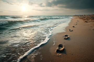 Footprints leading into the distance on a sandy beach, beside a gentle ocean with small waves and the sun shining in the distance over a cloudy sky.