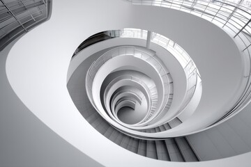 Obraz premium A mesmerizing view of a white spiral staircase with light coming through the windows, showing a complex architectural structure with smooth curves and minimalistic style.