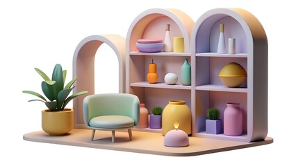 : creative nook with minimalist shelving and pastel