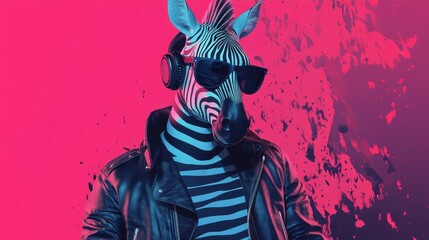Music dj zebra wearing leather jacket, sunglasses and headphones - Generative AI illustration