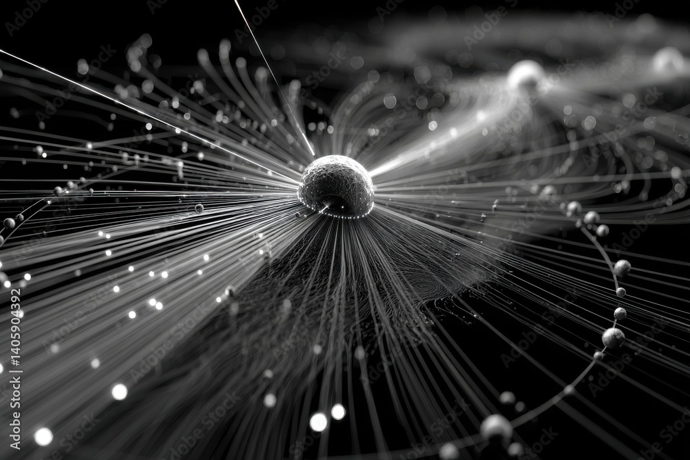 Poster a mesmerizing abstract representation of data streams emanating from a central node, creating a sens