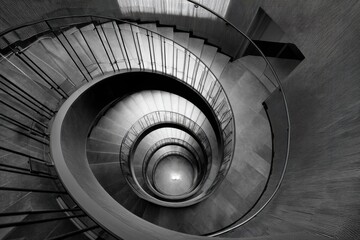 Fototapeta premium A captivating monochrome photograph showcasing a winding spiral staircase from an overhead perspective, revealing its architectural design and geometric patterns with intricate railing.