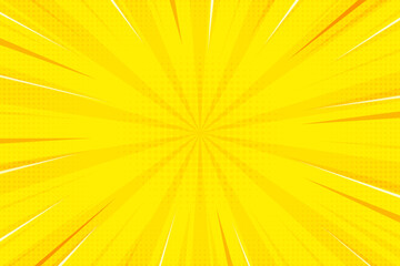 Comic background with yellow pop cartoon pattern. Ray burst vector sunlight with retro halftone effect. Orange abstract anime book radial explosion. Dotted summer backdrop. Graphic vintage frame.