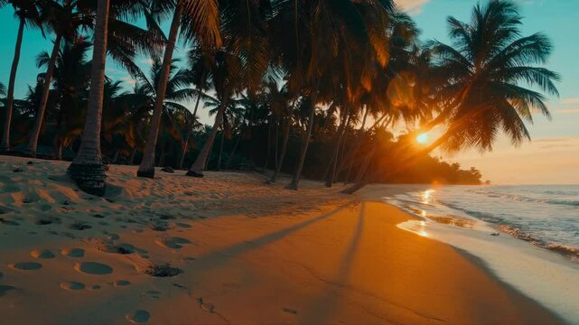 A serene beach sunset video captures palm trees casting long shadows on the sand. Low-angle shot enhances the tranquil tropical atmosphere. Live desktop wallpaper.