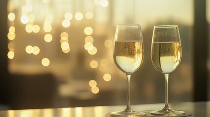 Champagne for festive cheers with gold sparkling bokeh background. Glasses of sparkling wine in front of tender bright gold bokeh. Horizontal background for celebrations and invitation cards. space i