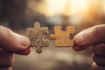 Close-up of two hands connecting puzzle pieces, symbolizing teamwork and collaboration, set against a soft, blurred background with warm, golden light.