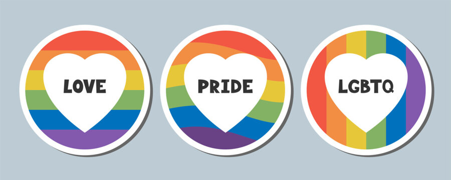 Set of round LGBTQ pride stickers with rainbow stripes, white hearts, bold text. Colorful flat vector design for equality, awareness, social media, print, posters, badges, pride month event graphic