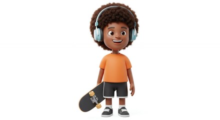 Cartoon boy character with headphones and skateboard