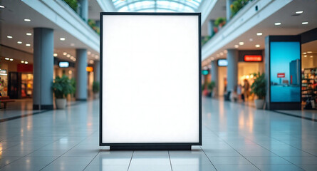 A large, blank billboard banner mockup in a modern shopping mall or airport terminal, white screen for advertising, high depth of field, vibrant and energetic mood, bright daylight lighting, contempor