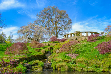 Fototapeta premium A scenic landscape of a spring garden with a small cascading waterfall, lush greenery, and ornamental trees. 