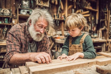 A grandfather teaching his grandson woodworking skills in a traditional workshop, passing down a cherished craft and creating a heartwarming intergenerational bond.