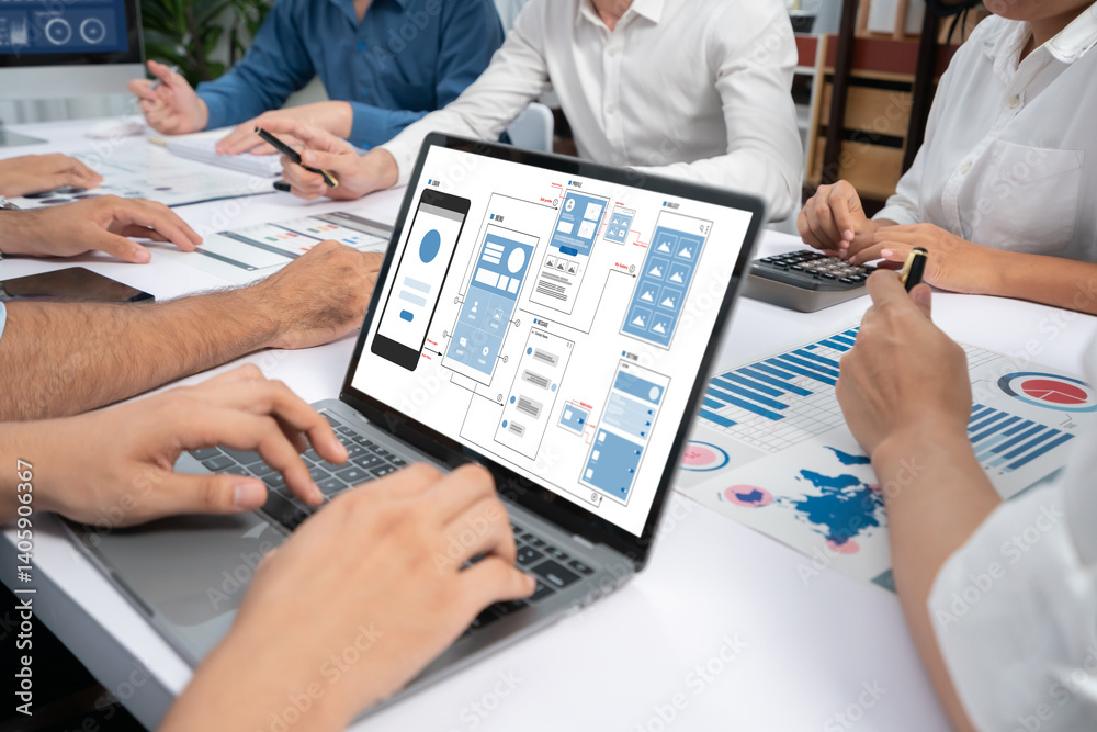 Leinwandbilder UX UI design process for brisk mobile application and website . Creative prototype of wireframe for professional app developer .