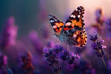 Obraz premium A close-up view of a painted lady butterfly on a lavender flower, showcasing its intricate wing patterns and colors, set against a dreamy, blurred background.