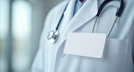 Detailed close-up of a physician's white coat showcasing a blank name badge mockup.  High-quality, professional image with natural, soft lighting, a serious yet approachable mood.  Focus on the badge 