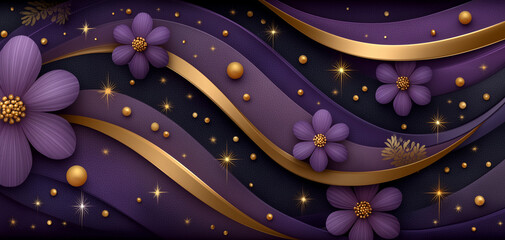 Elegant floral ornament on a dark purple background with golden swirls. Modern geometric pattern for walls and wallpaper.