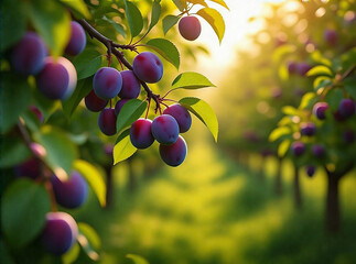 A vibrant, photorealistic image of a lush plum tree orchard in summer, overflowing with ripe plums.  Deep, warm lighting casts a soft glow, emphasizing the juicy plums and the rich foliage.  Focus on 