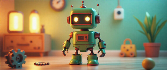 Fototapeta premium 3D render of a cute, funny, cartoon cyber retro vintage robot in green metal colors. Friendly house assistant for kids. IT background with technology, science, and AI elements. Depth and mood of play