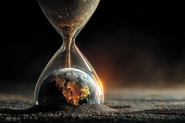 An hourglass with golden glitter sand and planet Earth, symbolizing the finite nature of time and the urgency to address climate change and environmental concerns.