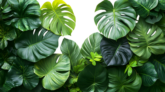 Border of tropical leaves, HD style, isolated on white background