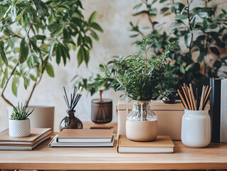 Obraz premium Cozy home office with greenery and decor