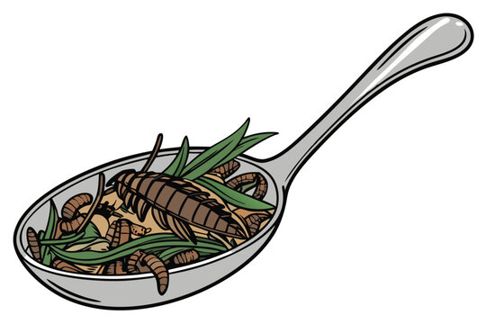 39 Macro photograph, spoonful of insects, edible bugs, crickets, mealworms, grasshoppers, mixed with fresh herbs, high detail, dramatic lighting, silver spoon, white background, food photography, ento