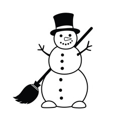 Vector Illustration Of A Snowman With Top Hat And Broom On White Background