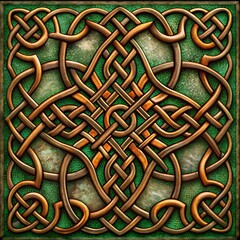 Intricate Celtic Knot Design with Green Background and Copper Interwoven Pattern