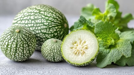 Decorative green melons and cucumber slices