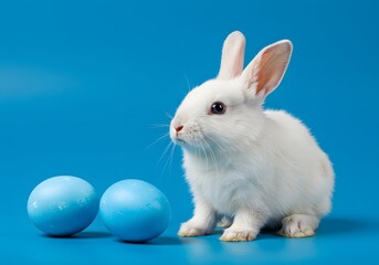 Obraz premium Cute realistic White easter bunny next to colorful eastereggs in a vibrant background