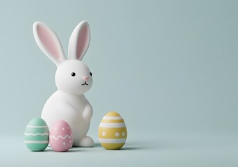 Cute minimal 3d White easter bunny next to colorful pastel eastereggs in a vibrant background