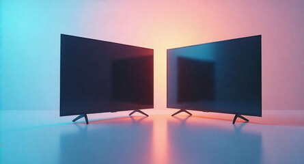 Fototapeta premium A high-quality AI photo of a smart TV with a dark screen on a clean white background. Focus on depth, mood, and lighting. Create a strong vibe and atmosphere. Use a professional style, and include 