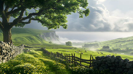 Naklejka premium Ethereal Irish Countryside: A Tapestry of Green Hills, Misty Skies, and Ancient Oak Trees with Grazing Sheep