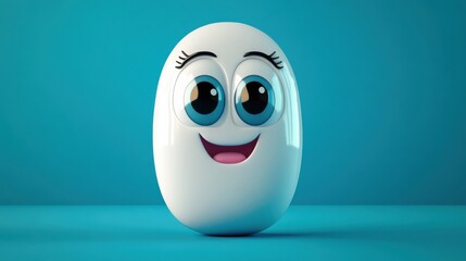 A cheerful cartoon character resembling a medicine pill, with large eyes and a friendly smile, set against a vibrant blue background. illustration