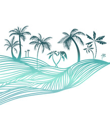 Hello summer . Blue palm trees horizontal background. Not AI, Vector illustration