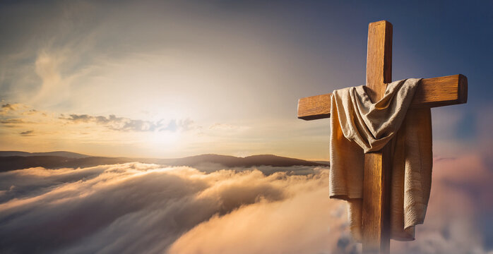 Paisaje de semana santa con la cruz donde jesucristo fue crucificado con la t&uacute;nica de cristo entre nubes y luz celestial dorada