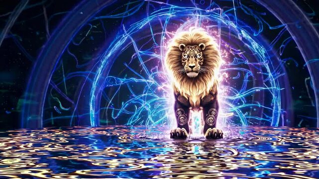 A majestic lion emerges from a glowing portal with electric blue patterns. Low-angle shot creates a dynamic, cinematic video game effect. Live desktop wallpaper.
