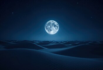 Bright full moon shining over quiet desert landscape at night