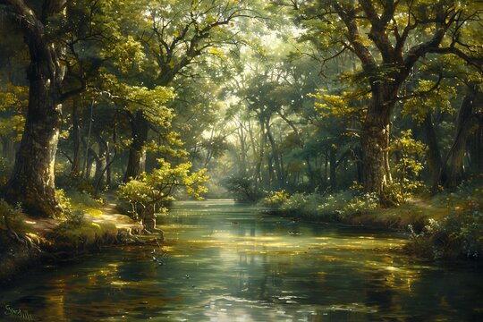 Serene woodland stream winding through vibrant forest crystal clear water reflecting lush greenery and sunlit leaves a refreshing and dynamic backdrop
