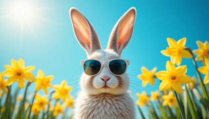 A cool bunny rabbit in sunglasses enjoying a sunny spring day amidst vibrant yellow daffodils, bathed in bright sunlight.