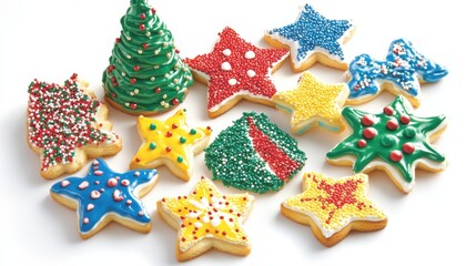 Obraz premium A festive assortment of colorful Christmas cookies in star and tree shapes, beautifully decorated with icing and sprinkles. illustration