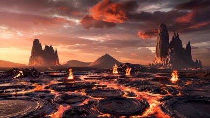 Fiery Volcanic Landscape at Sunset  Alien Planet  Lava Flow  Dramatic Sky  Fantasy  Sci Fi