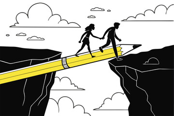 43 Silhouette figures crossing a giant pencil bridge, surreal landscape, gap between cliffs, metaphorical education concept, black and white background, yellow pencil, dramatic sky, minimalist composi