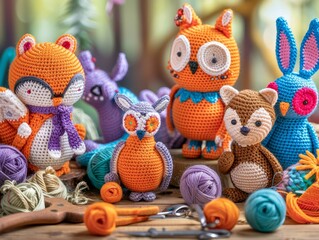 A vibrant image featuring a collection of hand-crocheted amigurumi animals, including a fox, an owl, and a rabbit. Each figure is intricately detailed, with colorful yarns and expressive features