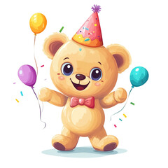 Happy teddy bear celebrating birthday with balloons confetti and party hat