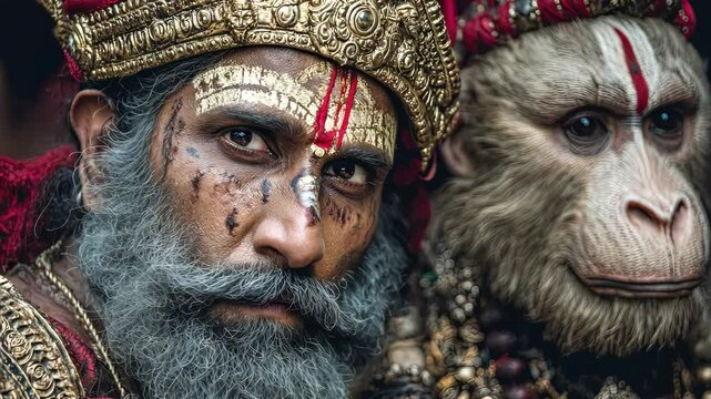 A playful monkey dressed in luxurious kingly robes and a crown, exuding regal charm.