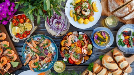 Fototapeta premium A vibrant overhead shot showcasing a Mediterranean-inspired feast, with a table laden with colorful dishes such as fresh seafood, grilled vegetables, and artisanal bread.