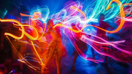 A vibrant photograph of a group of friends dancing at a nighttime festival, their faces and bodies adorned with glowing neon sticks, creating a mesmerizing swirl of colors and light trails