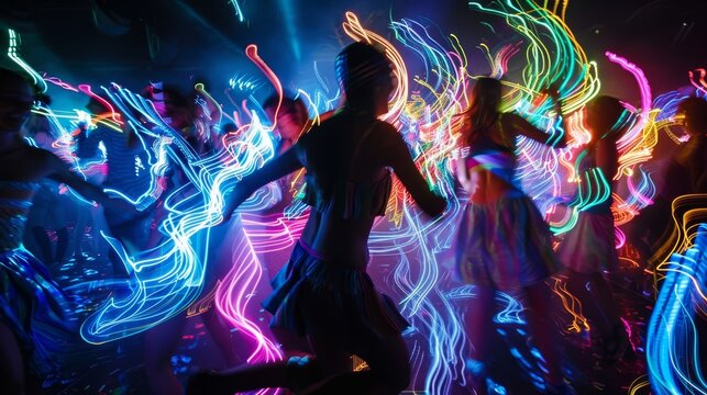 A vibrant photograph of a group of friends dancing at a nighttime festival, their faces and bodies adorned with glowing neon sticks, creating a mesmerizing swirl of colors and light trails